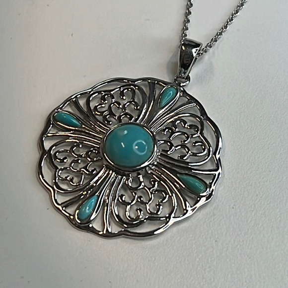 R. H. Macy Silver & Turquoise Flower Pot Necklace, NWT! - Picture 3 of 6